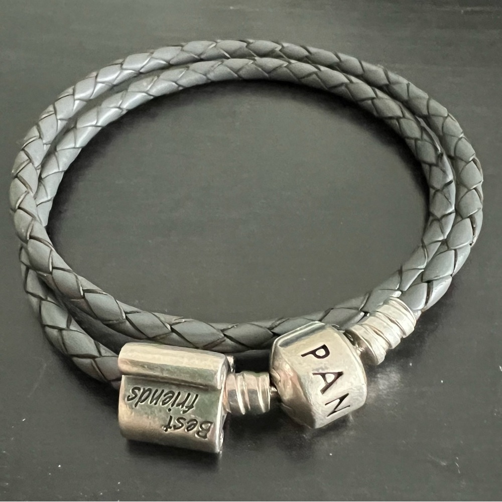 PANDORA Grey GRAY Leather Silver Best Friends Charms BRACELET Small